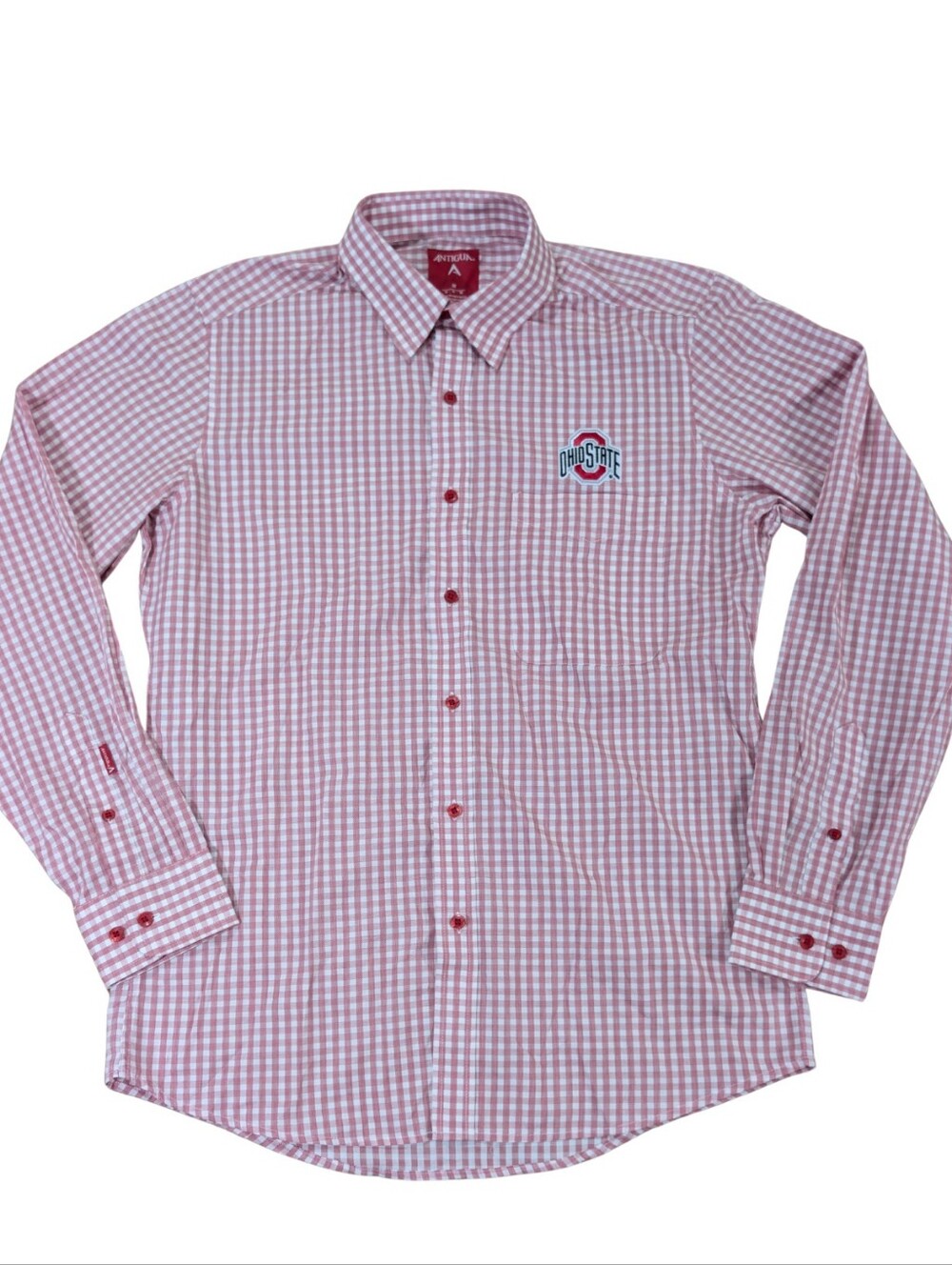 Antigua Ohio State Buckeyes Mens M Gingham Long Sleeve Button Shirt Red White